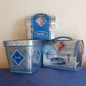 Coca-Cola Silver and Blue Tin Lunch Boxes Trio Set